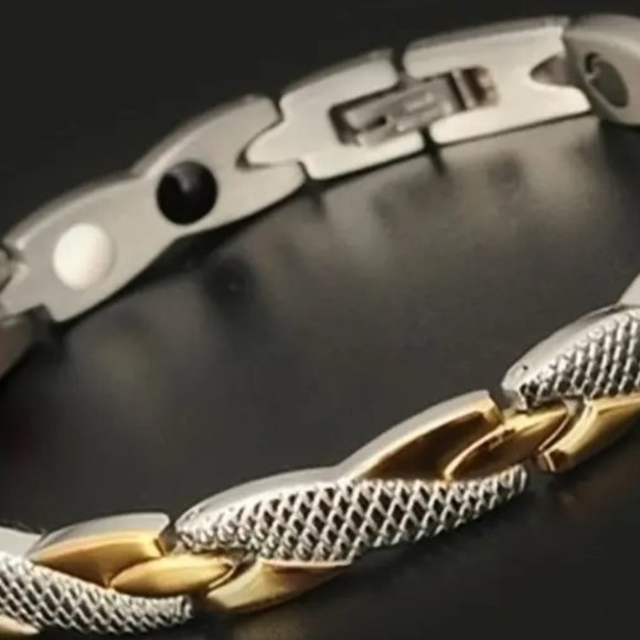 Stylish X Design Stainless Steel Magnetic Bracelet Two Tone Snake Print - Picture 2 of 7